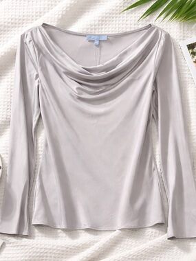 ANTONIO MELANI Silver Gray Draped Cowl Neck Long Sleeve Top